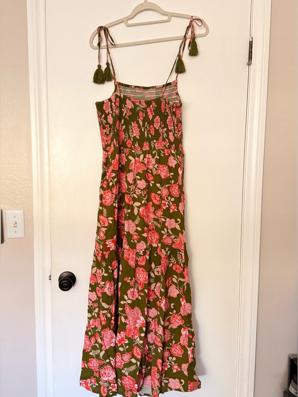 Olive Maxi Dress with Pink Floral Print and Tassel Straps